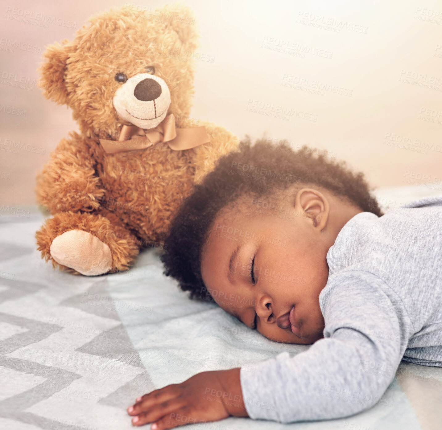 Buy stock photo Napping, teddy bear and relax with baby in bedroom for cute, comfortable and dreaming. Innocence, young and rest with tired child at home for and sleeping with toy for bedtime crib, youth and sweet