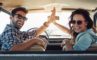 Buy stock photo Happy couple, high five and care for travel, road trip and destination achievement with smile. Vehicle, transport and married people with hand gesture for journey goal, adventure or vacation location