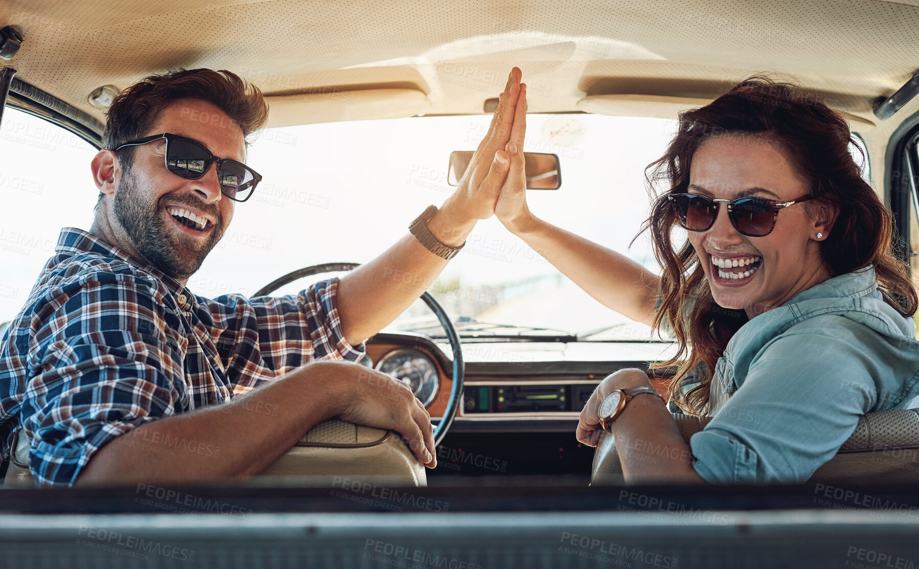 Buy stock photo Happy couple, high five and care for travel, road trip and destination achievement with smile. Vehicle, transport and married people with hand gesture for journey goal, adventure or vacation location