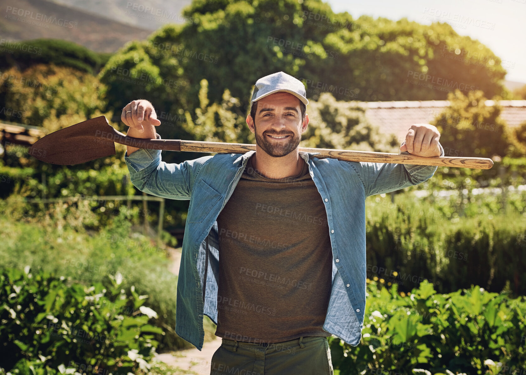 Buy stock photo Farmer, man and agriculture with shovel and portrait, sustainability and vegetable cultivation for food. Organic, plant and nature for male person, soil and produce for agro and green plantation