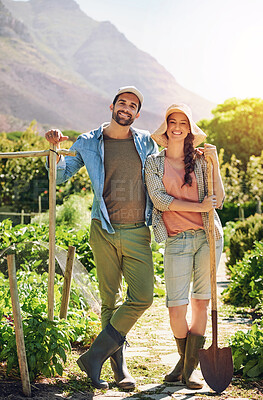 Buy stock photo Portrait, farmer and happy couple at field for agriculture, growth or harvest vegetables with shovel in nature. Man, woman and work at garden farm together for plants or sustainability in countryside