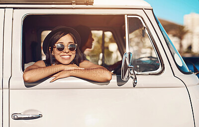 Buy stock photo Road trip, window and portrait of woman with smile in van for holiday, summer travel or vacation. Car, face and nature with happy tourist person in vehicle for adventure, journey or weekend getaway