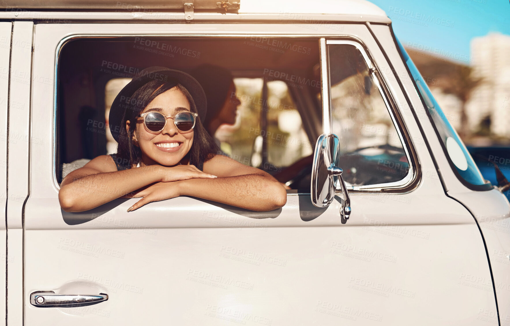 Buy stock photo Road trip, window and portrait of woman with smile in van for holiday, summer travel or vacation. Car, face and nature with happy tourist person in vehicle for adventure, journey or weekend getaway