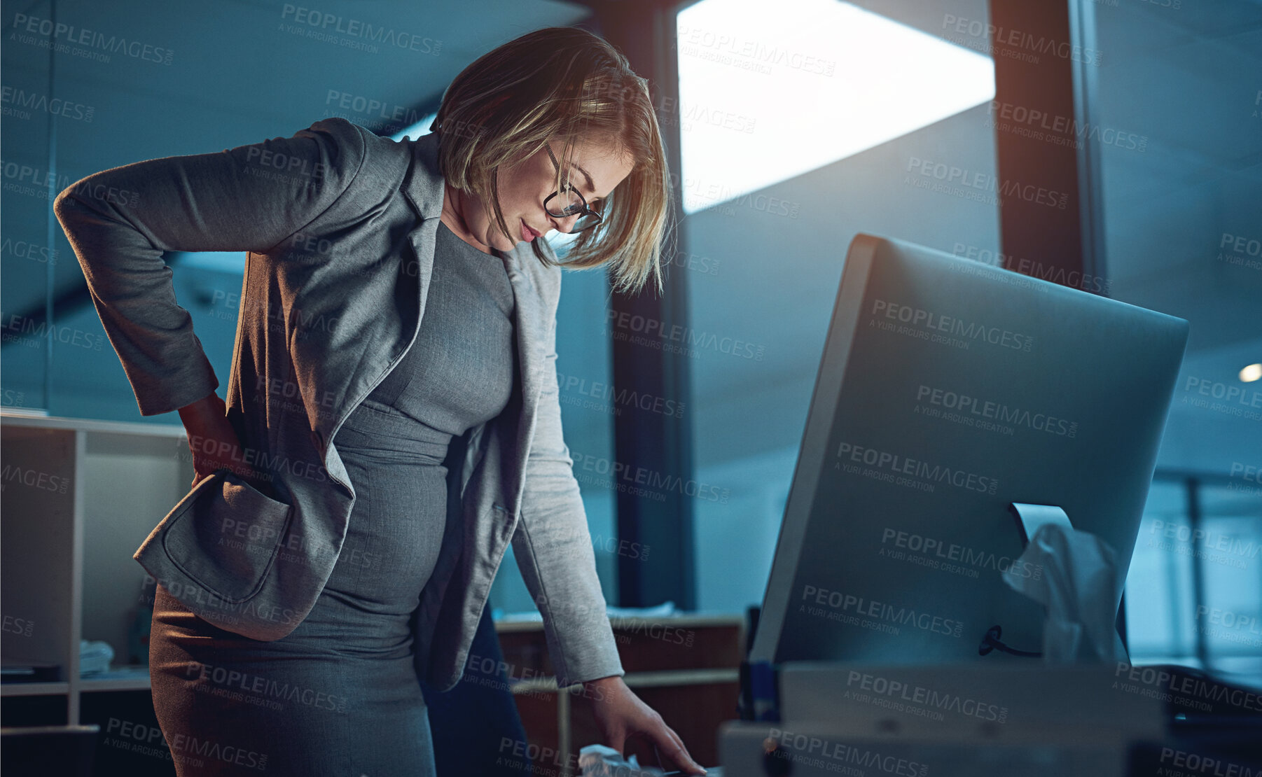 Buy stock photo Woman, office and computer in working late with reading for deadline as project manager in web agency. Female person, business and workplace on tech for planning, ideas as professional for company