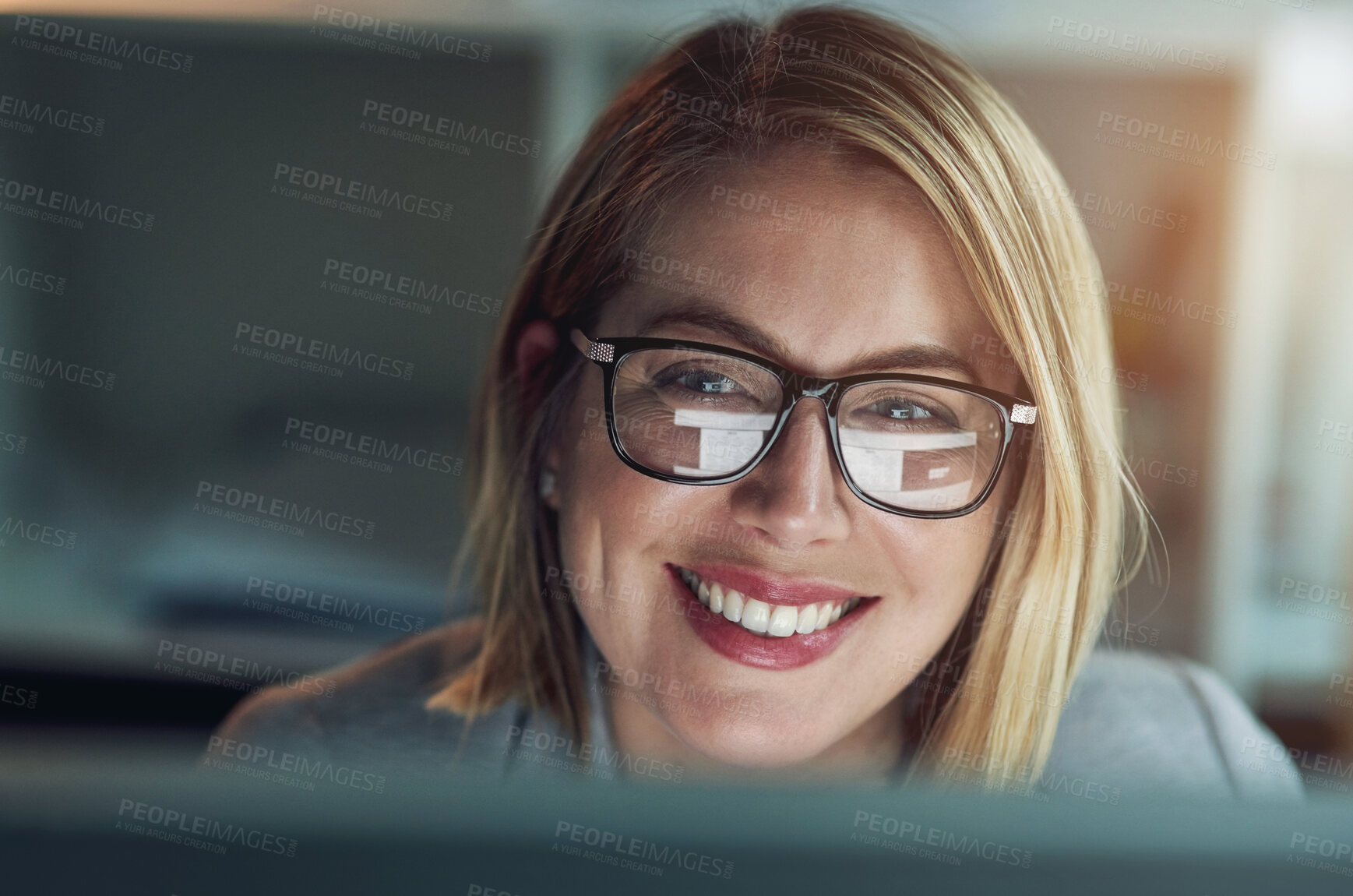 Buy stock photo Computer, portrait and glasses of woman in office for reading email, planning and working on project. Professional, career and female receptionist for administration, research deadline or information