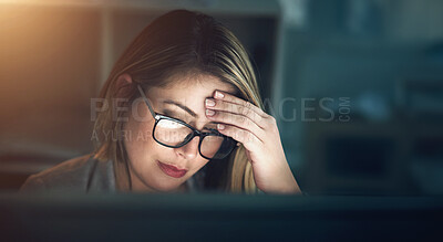 Buy stock photo Stress, headache and woman in office at night for web development deadline with mistake or crisis. Burnout, dark and female coder with migraine by computer working overtime on project in workplace.