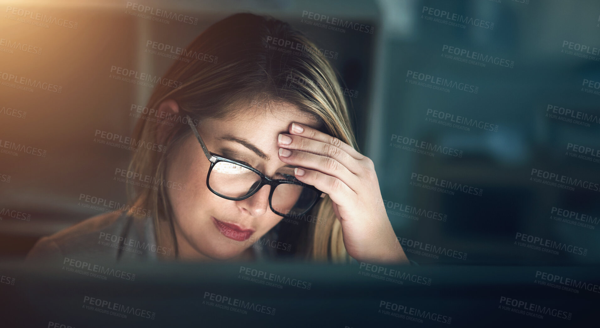 Buy stock photo Stress, headache and woman in office at night for web development deadline with mistake or crisis. Burnout, dark and female coder with migraine by computer working overtime on project in workplace.