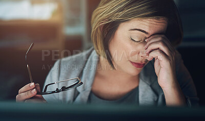 Buy stock photo Glasses, headache and stress with business woman in office at night for compliance or deadline. Burnout, eye strain and tired with professional employee in workplace for evening problem solving