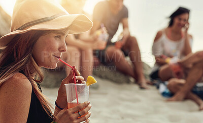 Buy stock photo Happy, woman and friends with cocktail at beach for wellness and rest on summer vacation in Bali. Smile, female person and group with alcohol drink at picnic for fun and relax together in sand