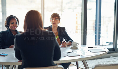 Buy stock photo Interview, meeting or planning with business people at table in boardroom of office for recruitment. Hiring, human resources and job opportunity with candidate for vacancy in professional workplace