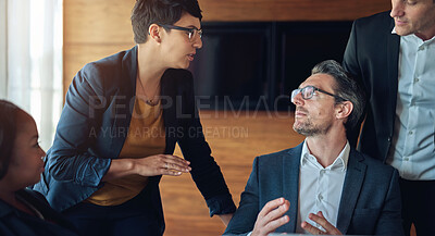 Buy stock photo Business, people and discussion in office in meeting for ideas on project with teamwork and collaboration. Employee, strategy and boardroom with conversation as partners in law firm and lawyers