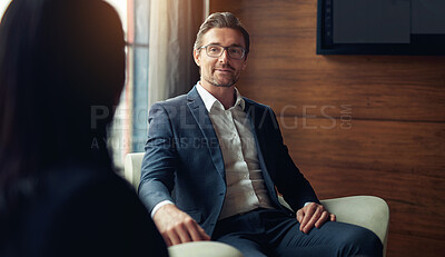 Buy stock photo Negotiation, review or businessman in meeting, discussion or collaboration for company growth. Teamwork, listening or financial manager in office planning for loan, feedback report or project funding