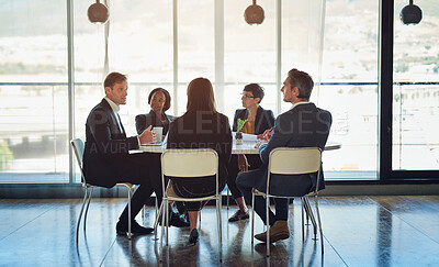 Buy stock photo Meeting, planning and group of business people in office with legal case for company bankruptcy. Discussion, teamwork and professional attorneys work on financial corruption law project in boardroom.