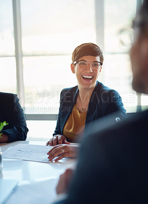 Buy stock photo Discussion, smile and business woman with team in office planning for company stock market investment. Meeting, corporate and financial advisors work in collaboration on finance budget in boardroom.