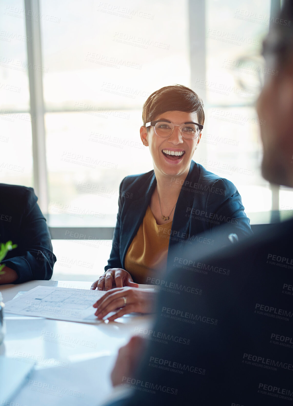 Buy stock photo Discussion, smile and business woman with team in office planning for company stock market investment. Meeting, corporate and financial advisors work in collaboration on finance budget in boardroom.