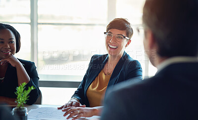 Buy stock photo Meeting, smile and business woman with team in office planning for company stock market investment. Discussion, corporate and financial advisors work in collaboration on finance budget in boardroom.