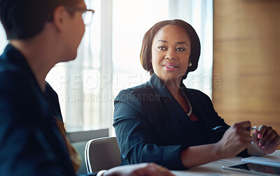 Buy stock photo Collaboration, meeting or planning with business black woman in boardroom of office for discussion. Corporate, our vision and serious with confident employee in professional workplace for career