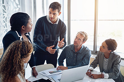 Buy stock photo Business people, teamwork and cooperation with feedback, brainstorming and professional in modern office. Staff, employees and group with ideas, collaboration and creative agency, review and planning