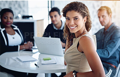 Buy stock photo Portrait, black woman and meeting with colleagues in boardroom, office and documents for employee. Collaboration, lawyer and paperwork or contracts for agreement, law firm for diversity team planning