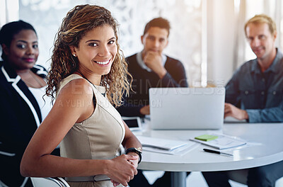 Buy stock photo Meeting, portrait and smile of business woman in boardroom of office with team for collaboration or planning. Corporate, discussion or teamwork and happy employee in professional workplace together