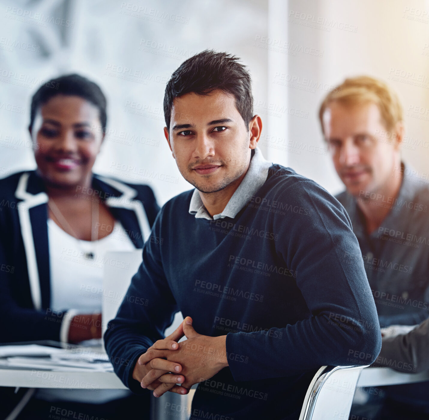 Buy stock photo Meeting, portrait and man in business, confident and proud of teamwork for project, growth and increase in sales. Boardroom, auditor and person in workplace, professional and face of employee