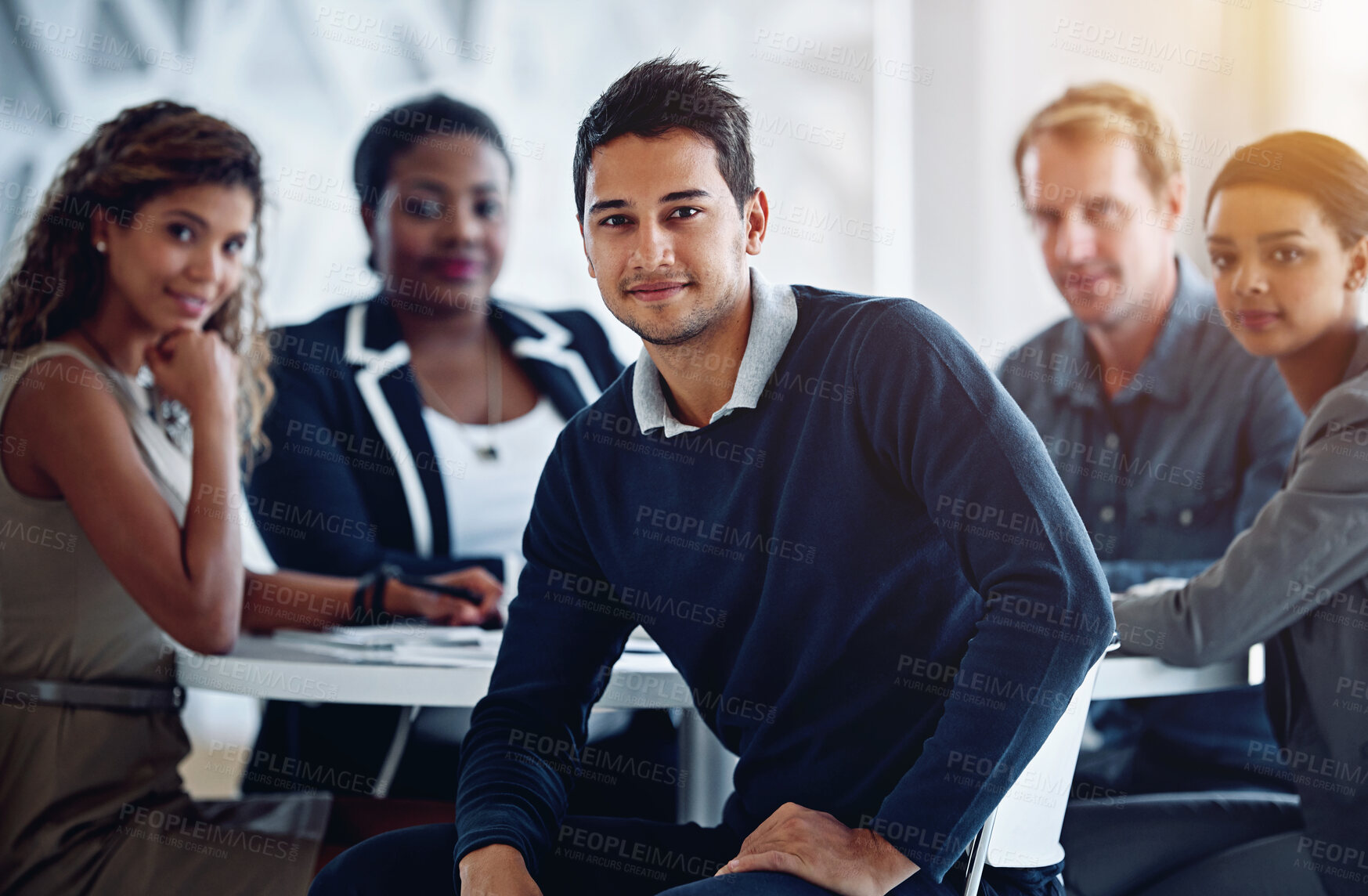 Buy stock photo Business people, meeting and teamwork in portrait for company synergy and collaboration in office. Happy, corporate group and paperwork at table in conference room for project planning together