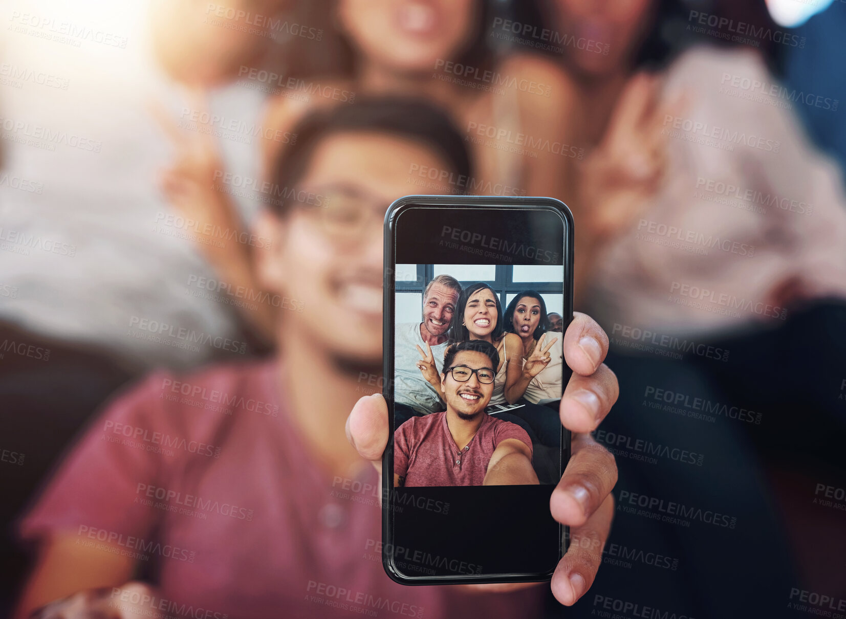 Buy stock photo People, friends and screen with selfie on smartphone for memory, millennial blog and content creation with happiness for youth. Cellphone, hand and bonding with photography, live streaming and indoor