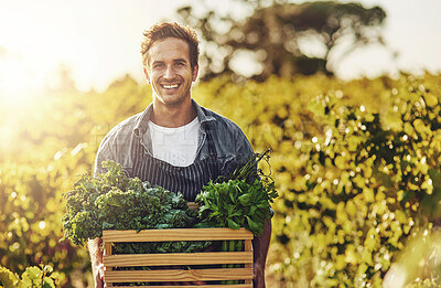 Buy stock photo Agriculture, crate and portrait with happy man on farm for agribusiness, growth or sustainability. Flare, harvest and smile of confident person outdoor in field for farming, grocery market or produce