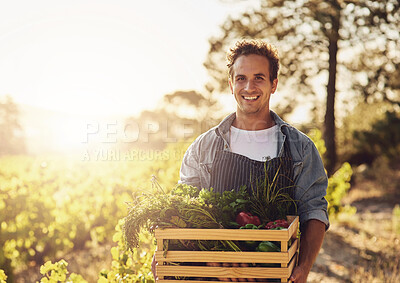 Buy stock photo Box, flare and smile with portrait of man on farm for agribusiness, growth or sustainability. Agriculture, crate and happy with confident farmer outdoor for ecology, grocery market or produce