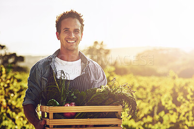 Buy stock photo Agriculture, crate and portrait with man on farm for agribusiness, growth or sustainability. Flare, harvest and smile of confident farmer outdoor in field for ecology, grocery market or produce