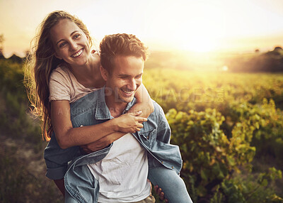 Buy stock photo Piggyback, couple and nature field at sunset on horizon with plants, farmer and organic with embrace. Farm, agriculture and romance at countryside with smile, hug and relationship in America