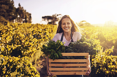 Buy stock photo Portrait, harvest and woman with plants, vegetables and agriculture with sunshine, nutrition and sustainability. Organic produce, face or farmer with fresh food, summer and nature with ecology or joy