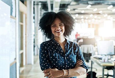 Buy stock photo Portrait, smile and business woman with arms crossed for career, job or pride at creative startup company. Face, happy entrepreneur and confident professional employee, worker and editor in Brazil