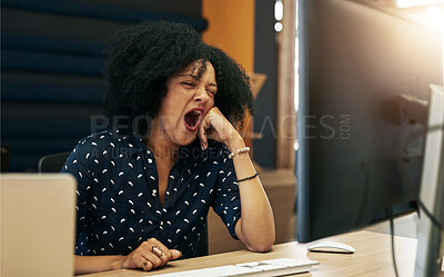 Buy stock photo Burnout, computer and tired with designer woman at desk in office for fatigue or project deadline. Night, sleepless and yawn with employee working late in evening at workplace for online report