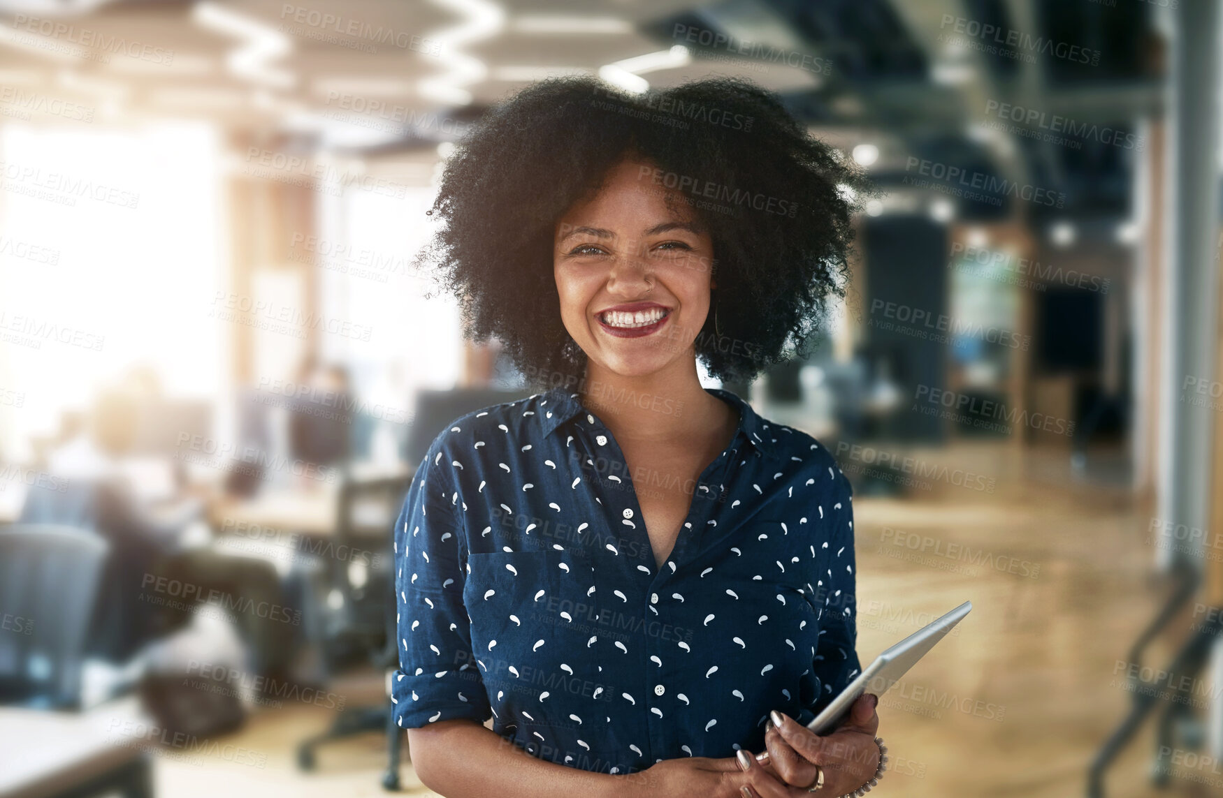 Buy stock photo Office, smile and portrait of black woman with tablet for web design, communication or development. Happy, employee and designer at creative agency with tech for online network, connection or ux plan