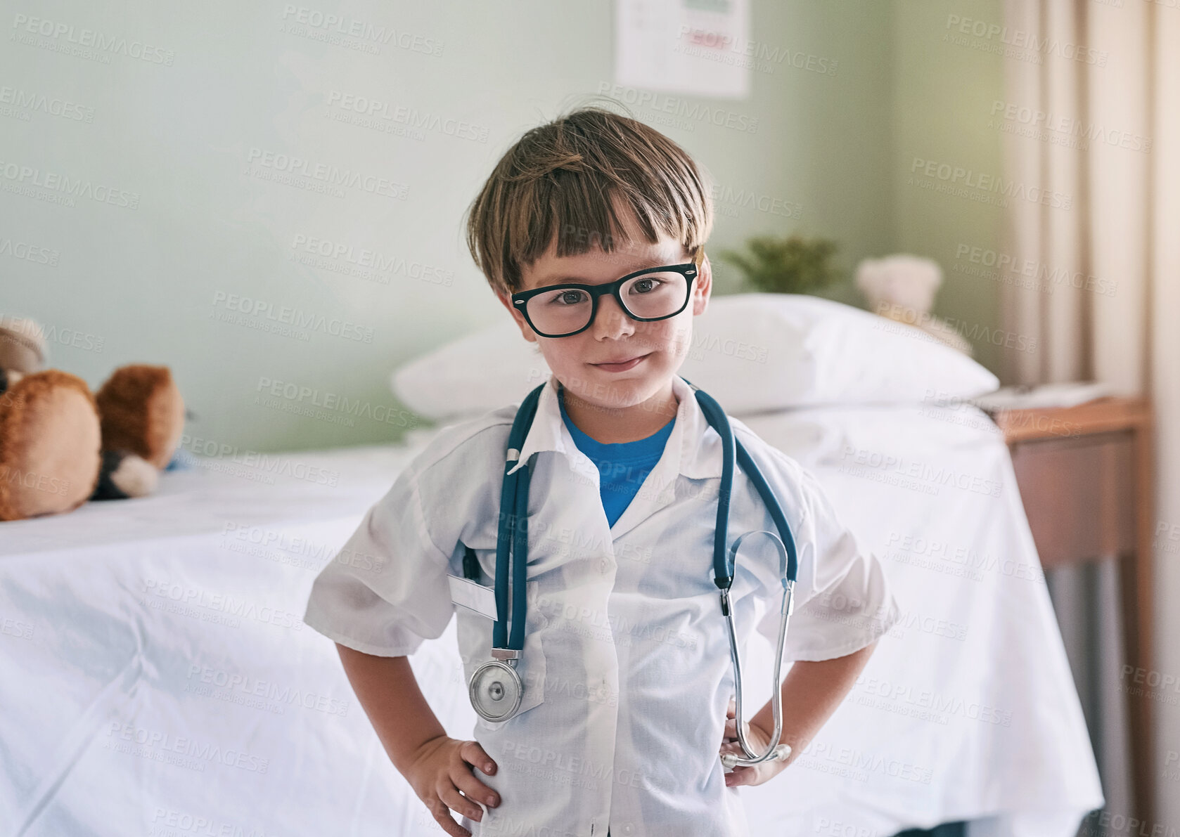 Buy stock photo Boy, kid and happy doctor with portrait for young physician, hospital and future career in medicine or healthcare. Child, glasses and educational roll play for growth or development and medical.