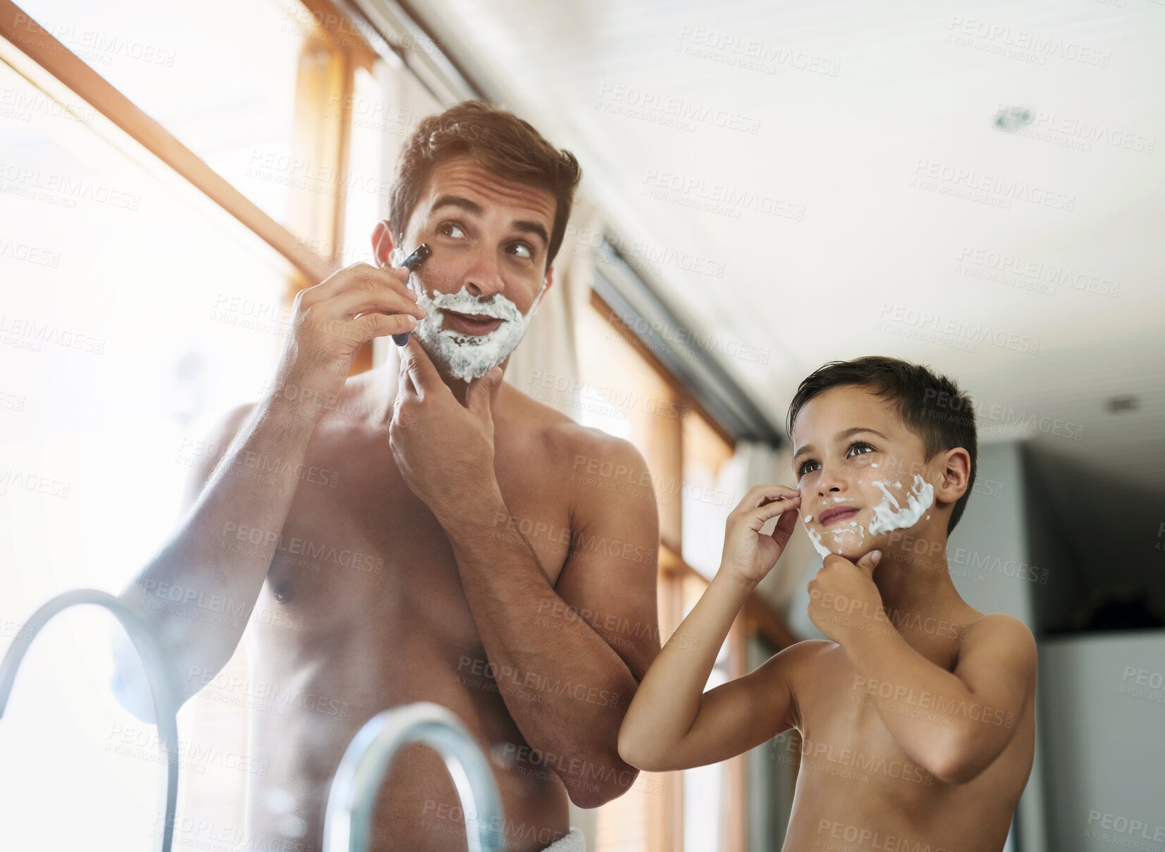 Buy stock photo Bonding, teaching and father shaving with kid for hygiene, grooming and health routine. Hair removal, child development and boy learning razor facial epilation treatment with dad for skincare at home