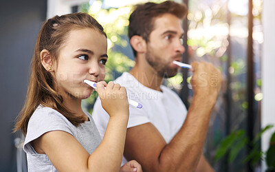 Buy stock photo Bathroom, brushing teeth and father with girl, cleaning mouth and morning routine with hygiene. Family, dad and daughter with fresh breath, grooming and oral care with dental wellness and home