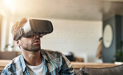 Buy stock photo Wow, man and virtual reality headset in home lounge of cyber experience, metaverse system or gaming connection. 
Surprised gamer, VR or games in living room with future, innovation and ui technology