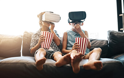 Buy stock photo Kids, watching film and children with popcorn, 3d and relax with sunshine, weekend break and innovation. Vr glasses, home and kids in living room, series and comedy cartoon with cinema snack or treat