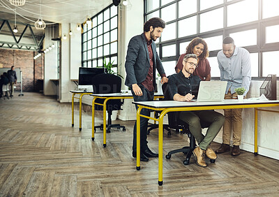 Buy stock photo Laptop, people and meeting in collaboration for project at workplace, office or company as team. Group, diversity and brainstorm for corporate in discussion for planning or development as colleagues