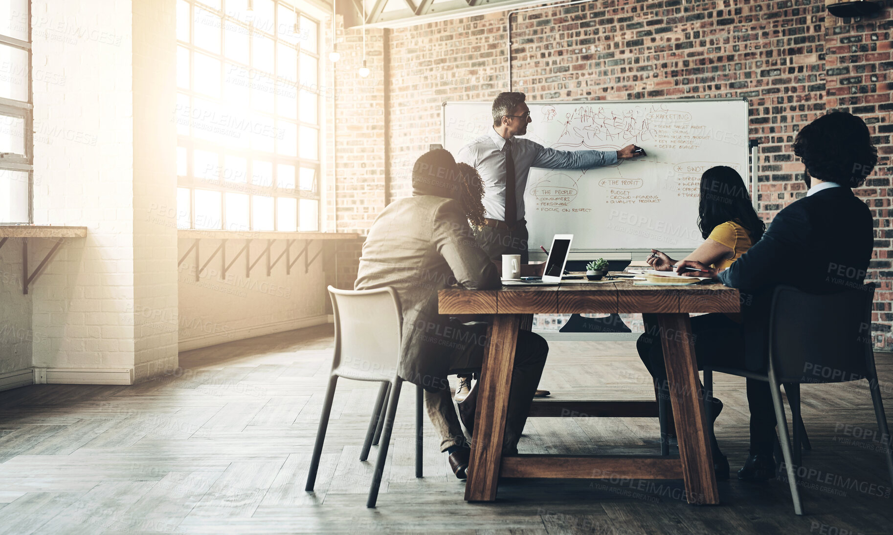Buy stock photo Presentation, collaboration or business people meeting in office for teamwork, partnership and communication. Corporate, colleagues or group discussing company plan for workshop, proposal or project