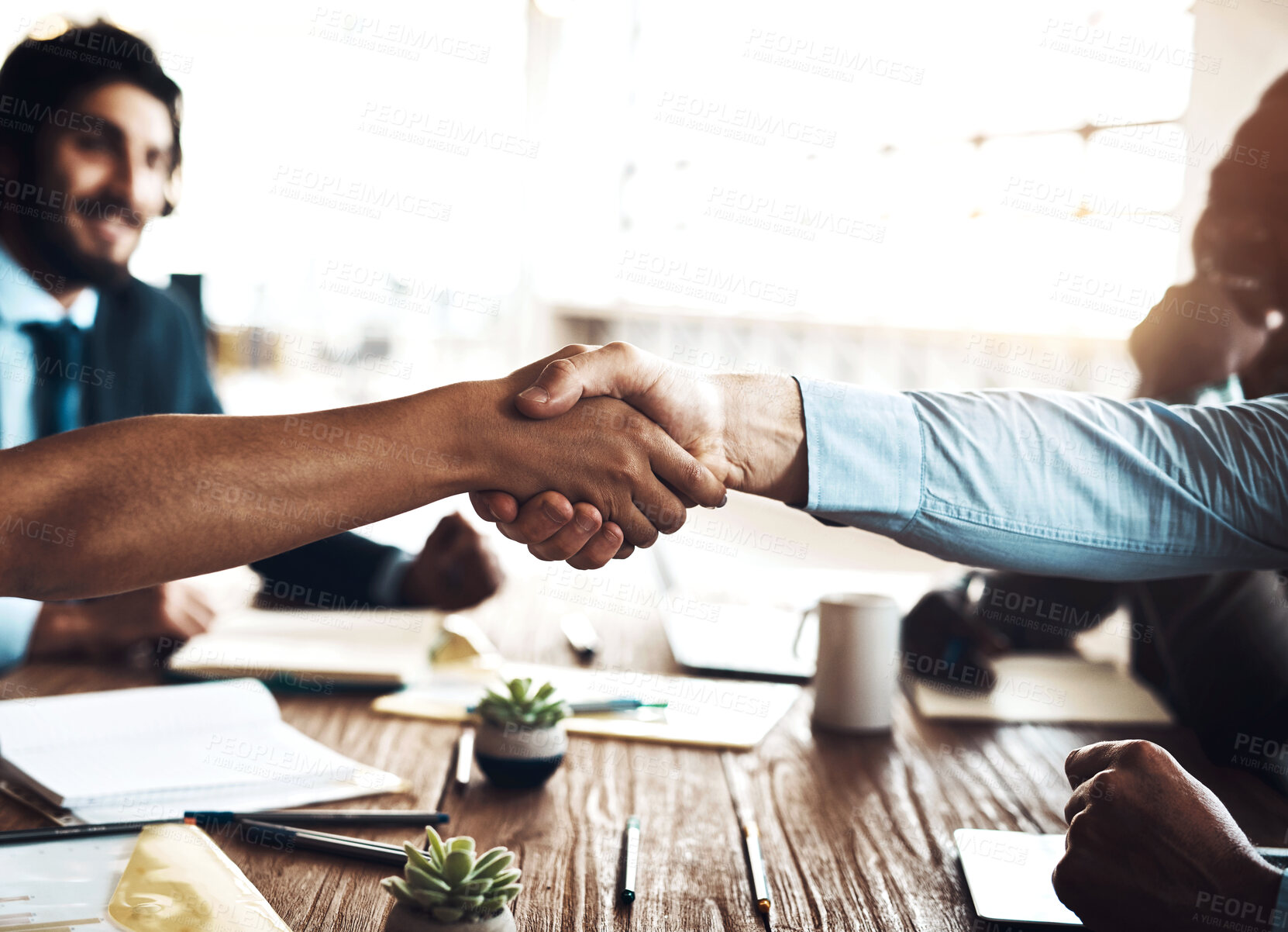 Buy stock photo Business people, teamwork and handshake in meeting, planning and feedback for project, agreement and review. Closeup, hands and group with promotion, opportunity and victory for b2b deal or thank you