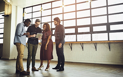 Buy stock photo Business people, discussion and meeting with tablet for research and development together at office. Group of creative employees working with technology for online browsing or startup at workplace