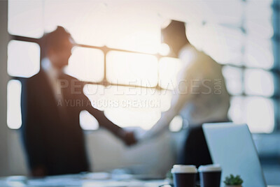 Buy stock photo Business people, team and blur with handshake for meeting, b2b or deal together at office. Man shaking hands with employee or colleague in agreement for partnership, recruiting or hiring at workplace