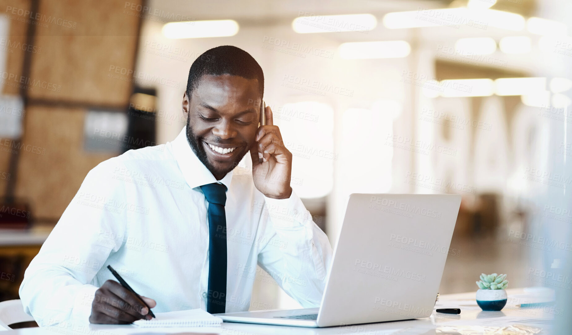 Buy stock photo Happy, black man and writing with phone call for business discussion, proposal or finance at office. Young African, male person or accountant with smile on mobile smartphone in financial conversation