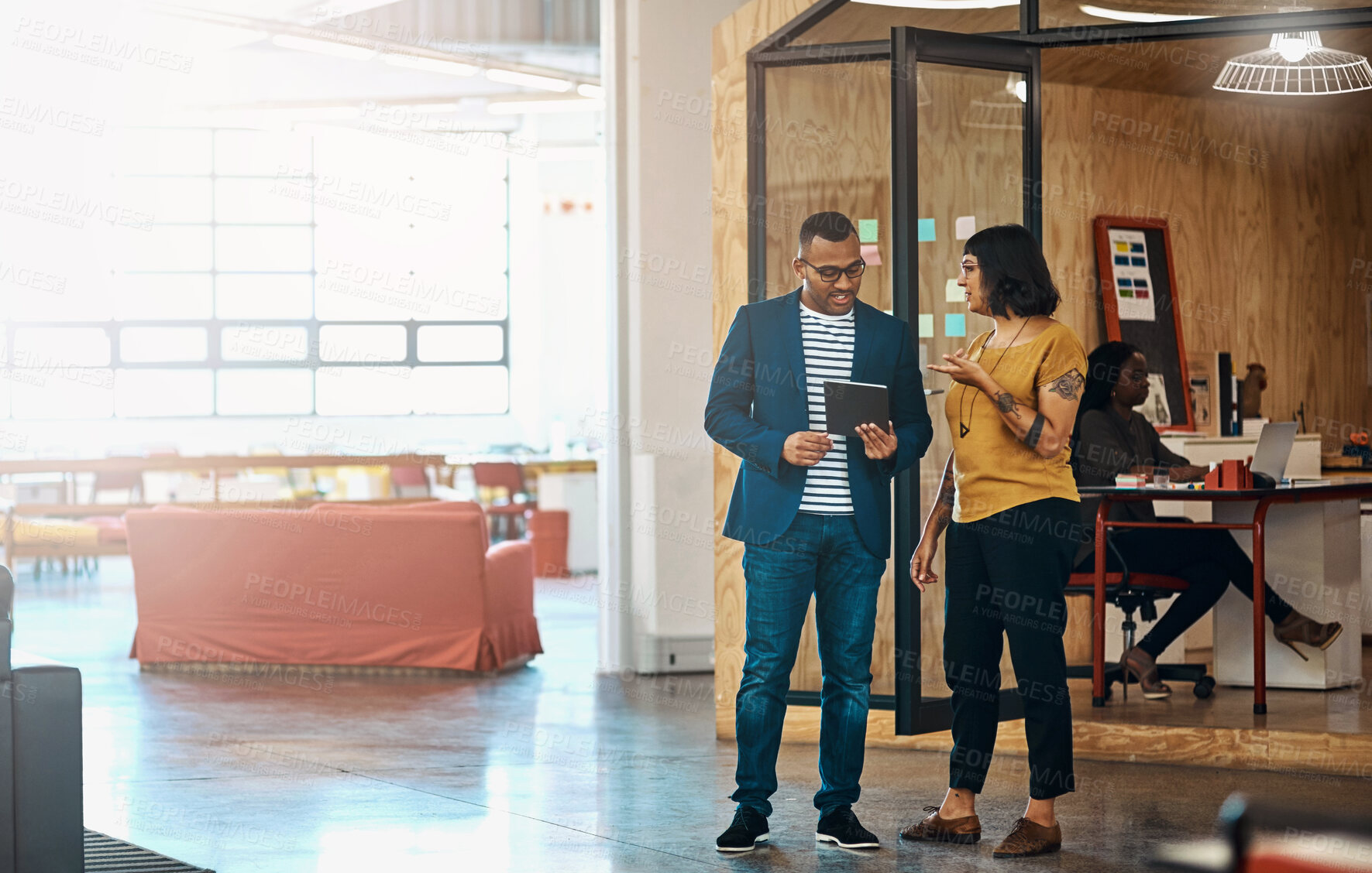 Buy stock photo Discussion, tablet and business people in office for planning, online networking and internet. Creative agency, teamwork and man and woman on digital tech for research project, website and consulting