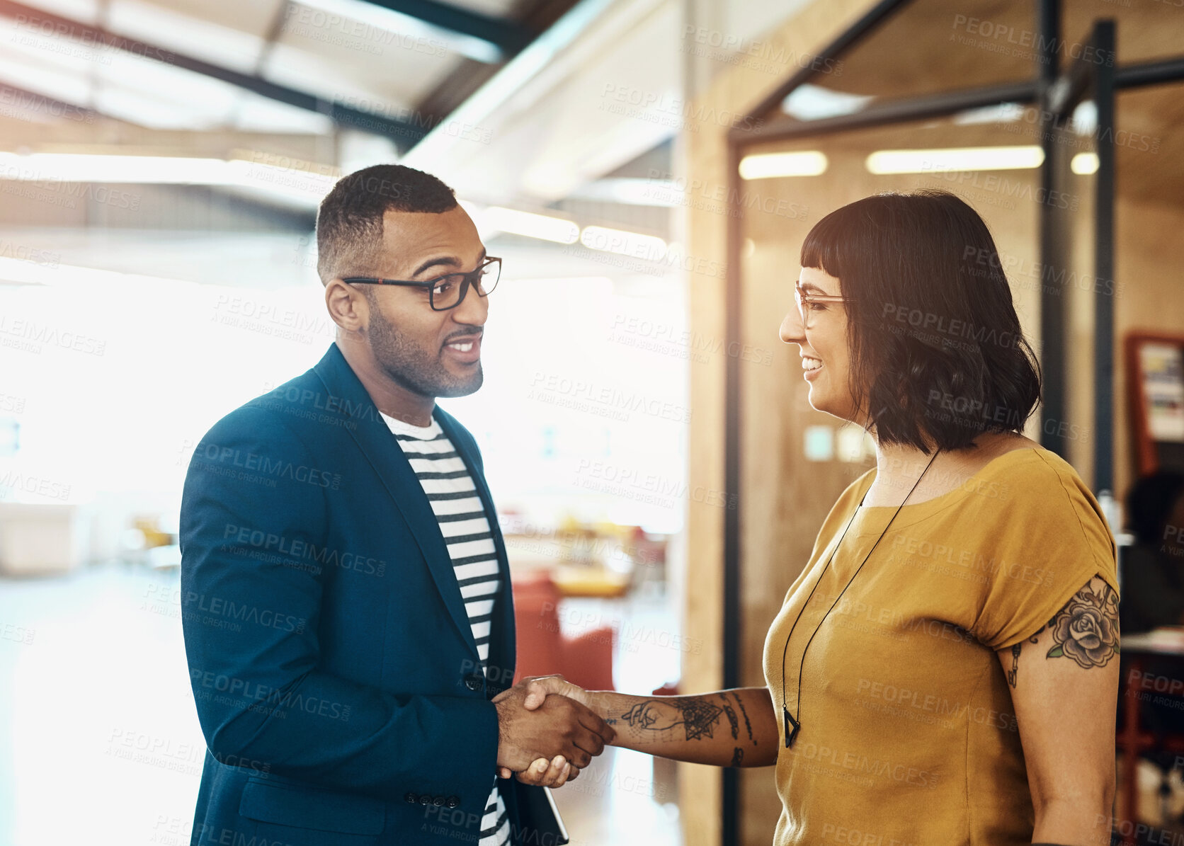 Buy stock photo Handshake, meeting and business people in office for teamwork, collaboration and partnership. Creative startup, professional and man and woman shaking hands for agreement, b2b deal and thank you