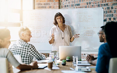 Buy stock photo Discussion, meeting and business people in office for brainstorming, planning and discussion. Diversity, creative agency and men and women with whiteboard for teamwork, presentation and collaboration