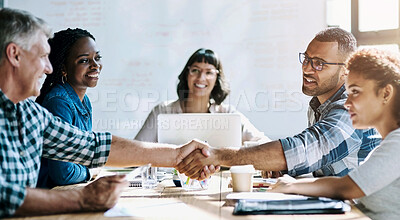 Buy stock photo Group, handshake and business people in meeting, teamwork and planning for project, feedback and agreement. Staff, employees or negotiation for company merger, cooperation and collaboration in office